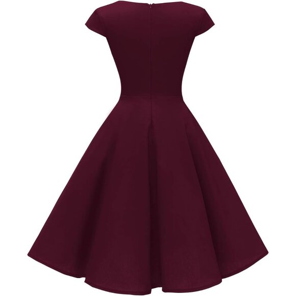 Women Burgundy Cap Sleeve 1950s Retro Vintage Cocktail Swing Dresses with Pocket - Picture 2 of 6